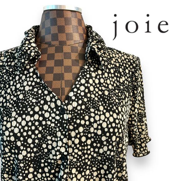 Joie Crepe Short Sleeve Blouse Sz M Black White Dots Abstract OpArt Button Up - Picture 1 of 8